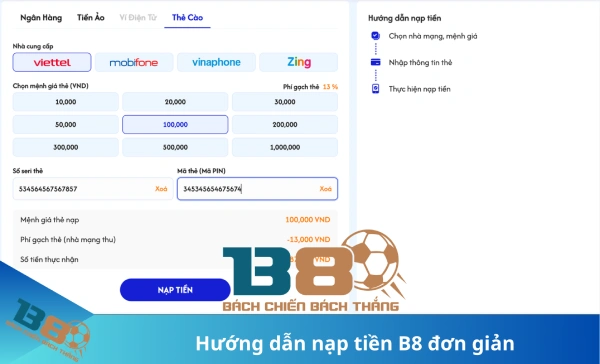 Nạp tiền B8 qua thẻ cào điện thoại