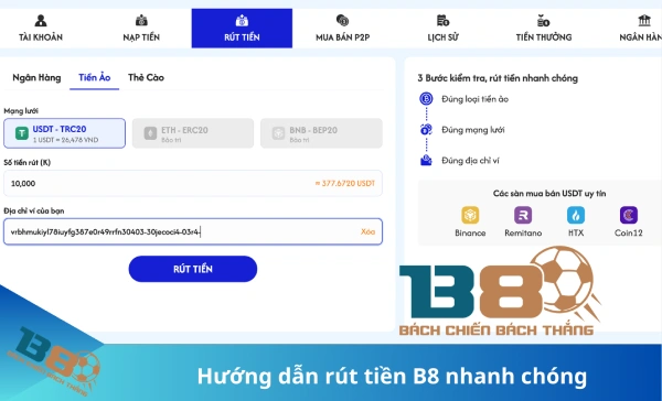 Rút tiền B8 qua tiền ảo usdt 
